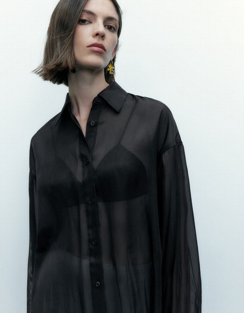 Women's Urban Revivo Thin Button Up Loose Shirts Black | REH6413ER