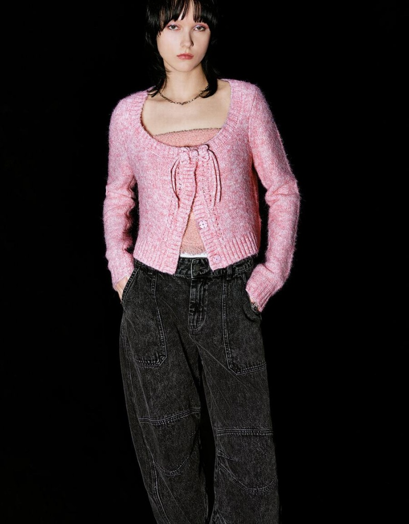 Women's Urban Revivo Tie Front Crew Neck Knitted Cardigan Pink | YHX2347PH