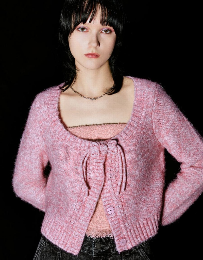 Women's Urban Revivo Tie Front Crew Neck Knitted Cardigan Pink | YHX2347PH