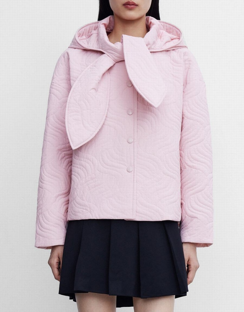 Women's Urban Revivo Tie Front Hooded Textured Winter Coats Pink | ALF1543IX