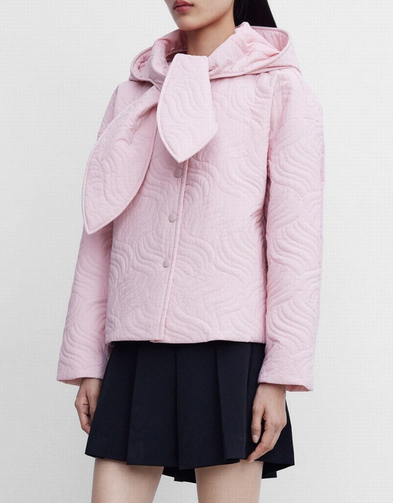 Women's Urban Revivo Tie Front Hooded Textured Winter Coats Pink | ALF1543IX