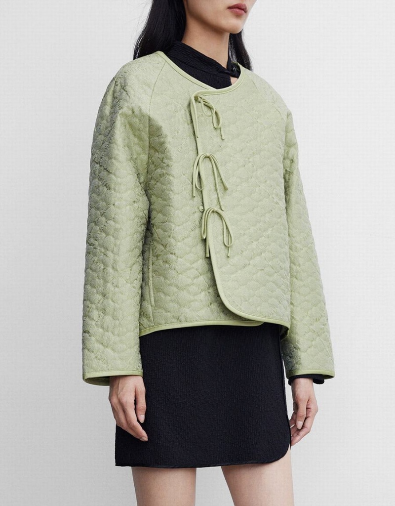 Women's Urban Revivo Tie Front Textured Winter Coats Green | RDO9511OY