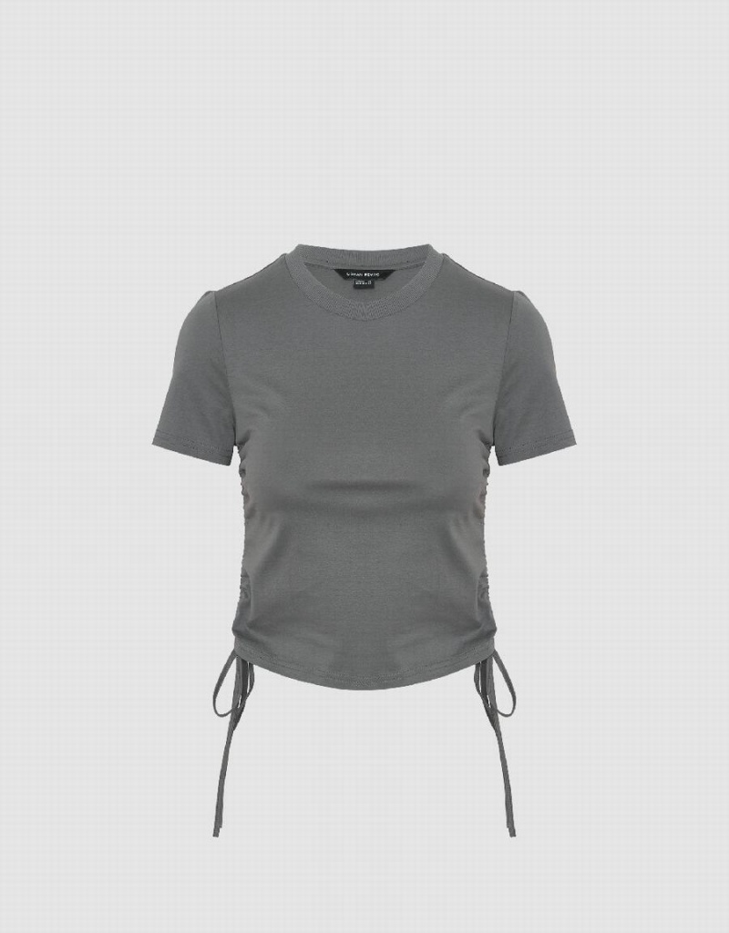 Women's Urban Revivo Tie Side Crew Neck Skinny T Shirts Dark Grey | LQP2147NK