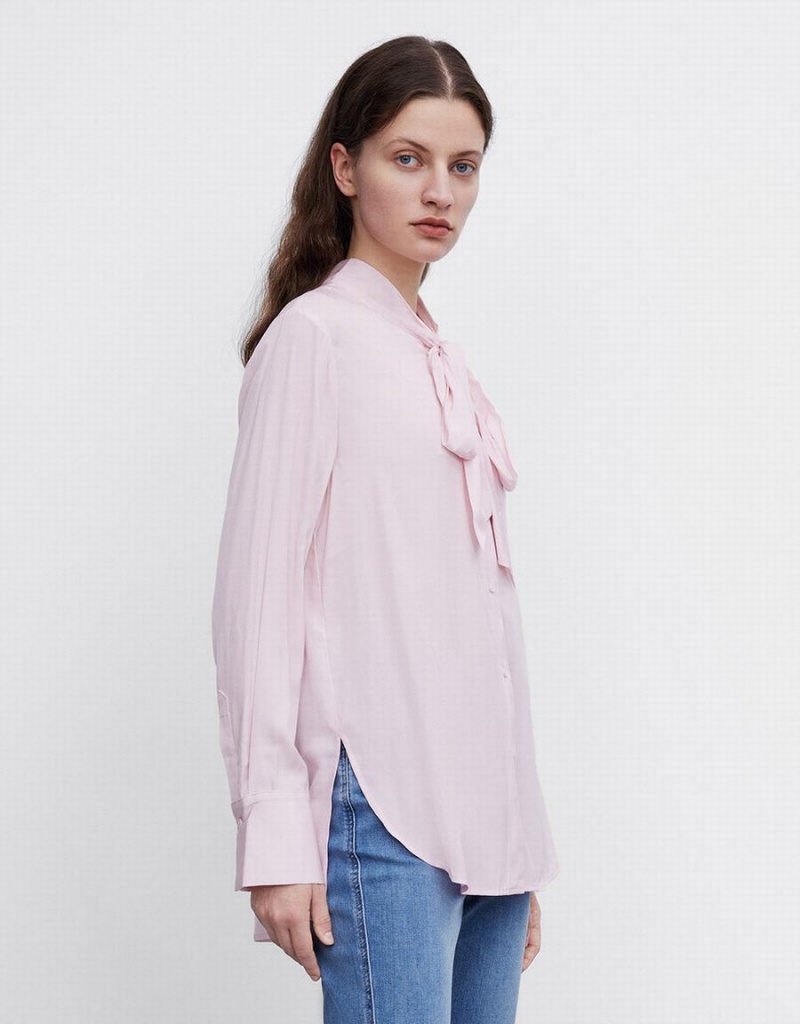 Women's Urban Revivo Tie Up Bow Flowy Shirts Pink | BZV9013OJ