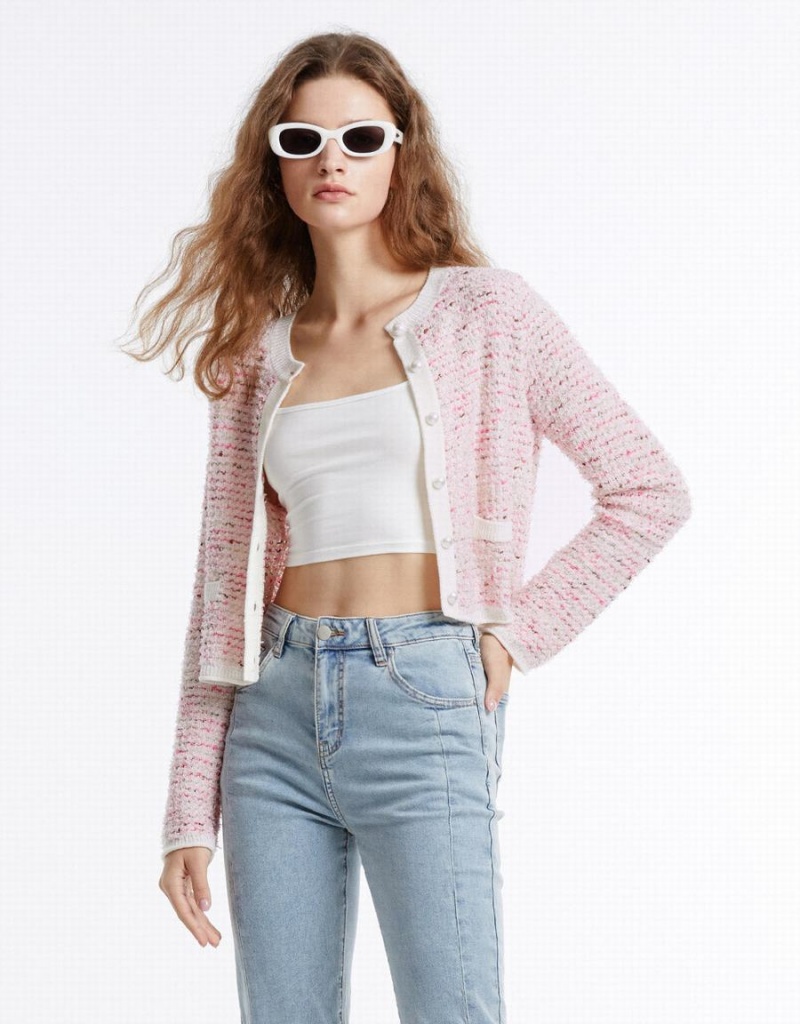 Women's Urban Revivo Tweed Cardigan Pink | LOV429KR