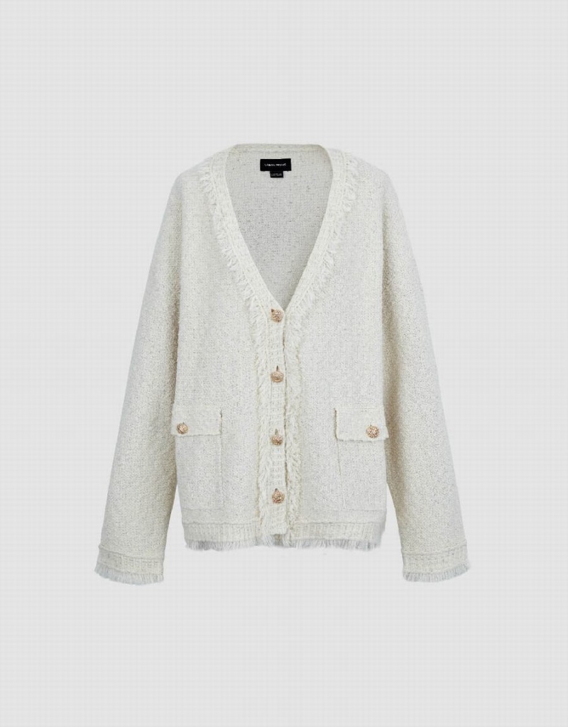 Women's Urban Revivo Tweed Raw Trim V-Neck Knitted Cardigan White | ZXN8919TJ