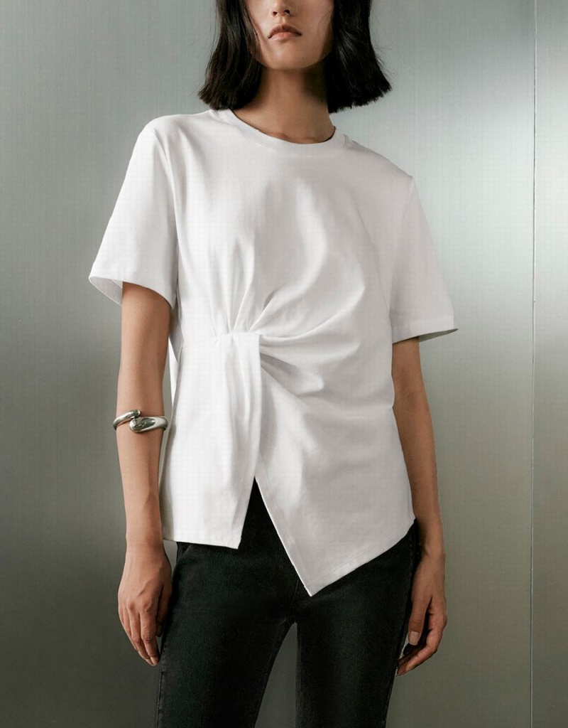 Women's Urban Revivo Twist Side Crew Neck T Shirts White | VDF259WX