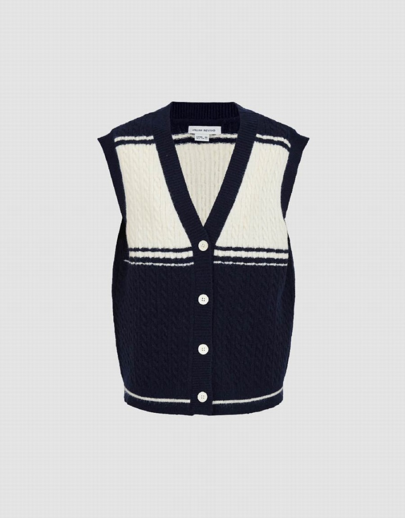 Women's Urban Revivo Two Toned Knitted V-Neck Waistcoat Coats Blue | QJV2532BC