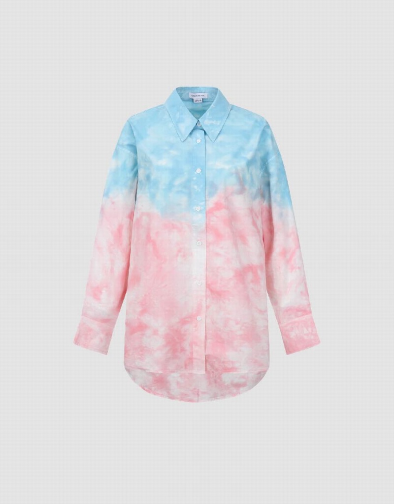 Women's Urban Revivo Two Toned Printed Straight Shirts Pink Blue | ZNG3969FL