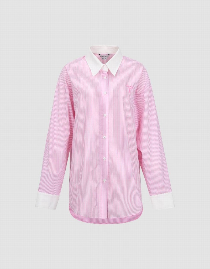 Women's Urban Revivo Two Toned Striped Straight Shirts Pink | HLQ7791CA