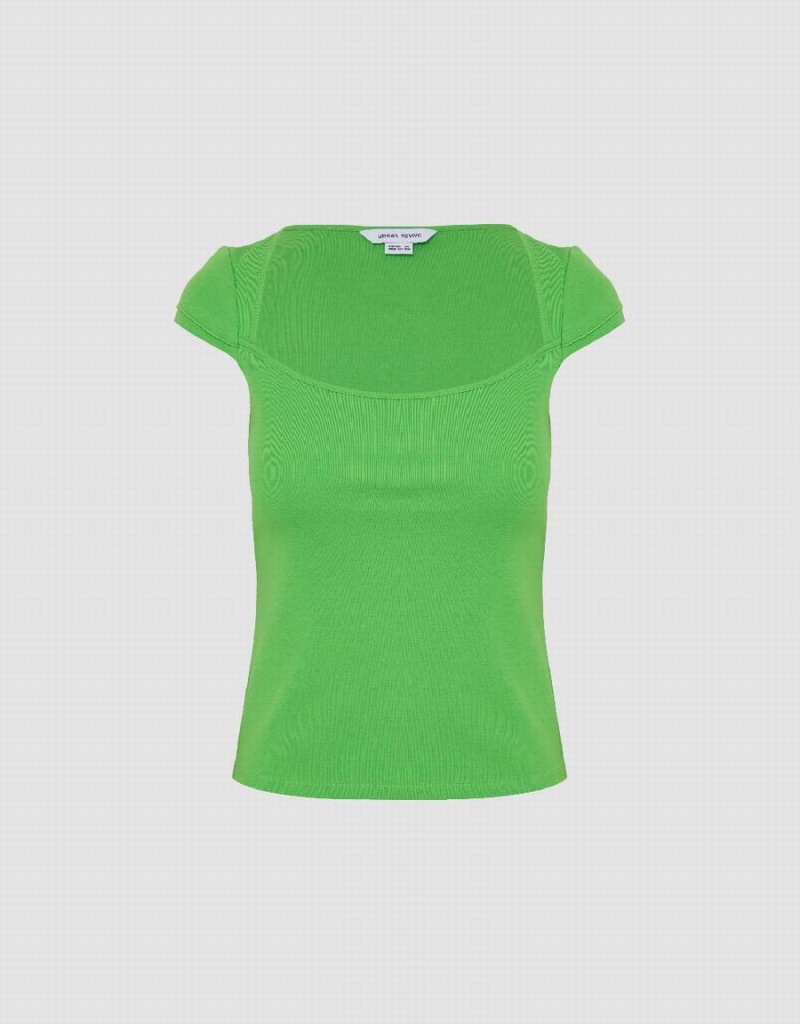 Women's Urban Revivo U Neck Knitted Skinny T Shirts Green | KMB5649WK