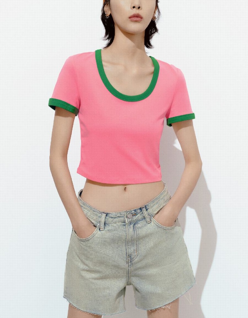 Women's Urban Revivo U Neck Skinny T Shirts Pink | YTQ6195YF