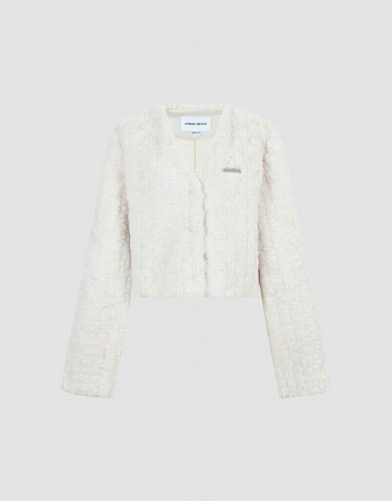 Women's Urban Revivo V-Neck Furry Coats White | SKF752GL