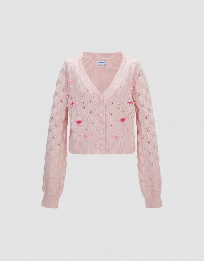 Women's Urban Revivo V-Neck Knitted Cardigan Pink | DZM3529IM