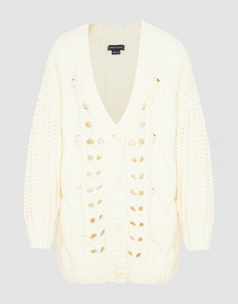 Women's Urban Revivo V-Neck Knitted Cardigan White | INI6150ZD