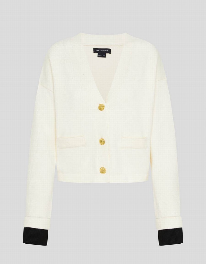 Women's Urban Revivo V-Neck Knitted Cardigan White | OZH4323AL