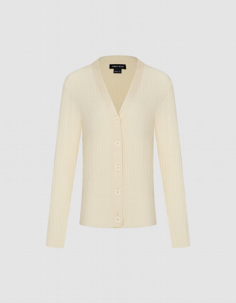 Women's Urban Revivo V-Neck Knitted Cardigan White | QED9863HM