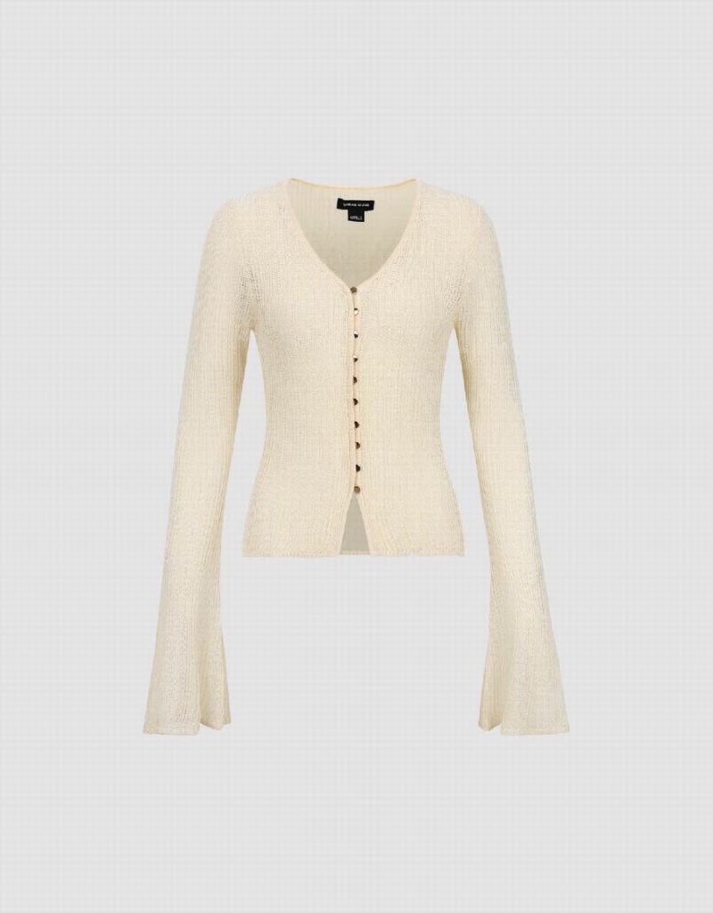 Women's Urban Revivo V-Neck Skinny Knitted Cardigan Beige | VDA7998KI