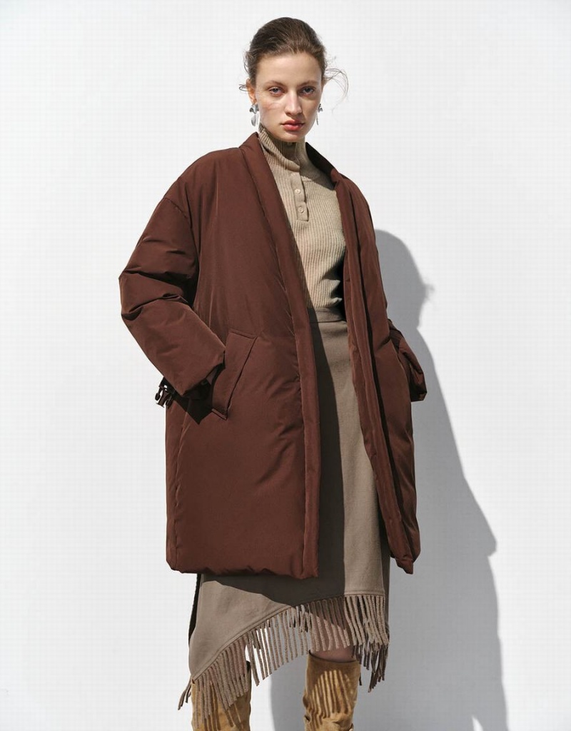 Women's Urban Revivo V-Neck Straight Coats Brown | CBB9357KB