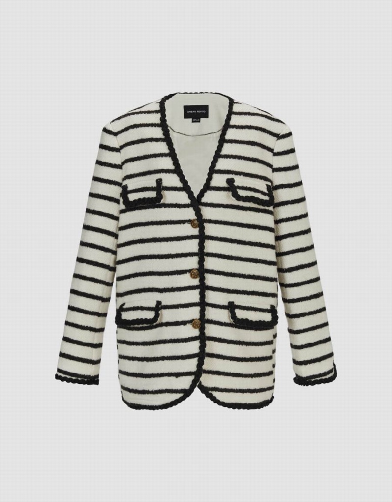 Women's Urban Revivo V-Neck Striped Woolen Jackets White | KMQ1070IM