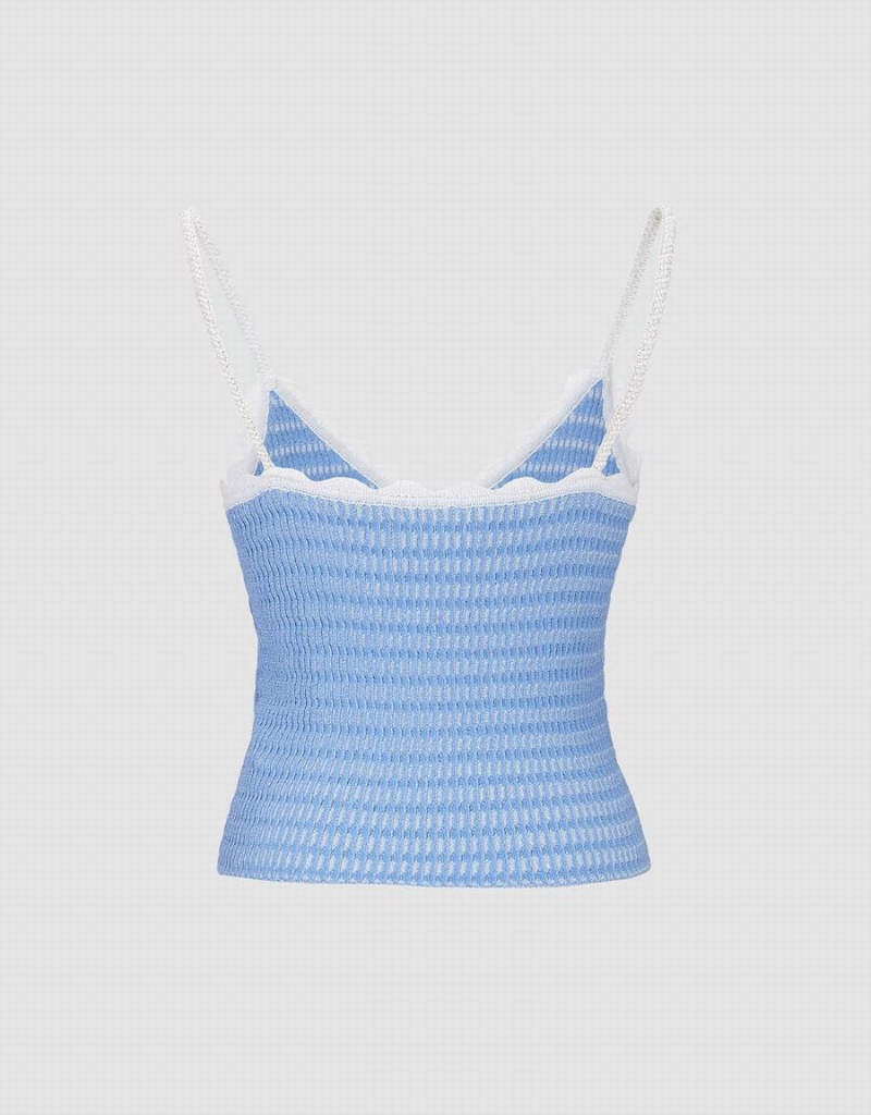 Women's Urban Revivo V Neck Knitted Cami Tank Top Blue | OAQ3963QP