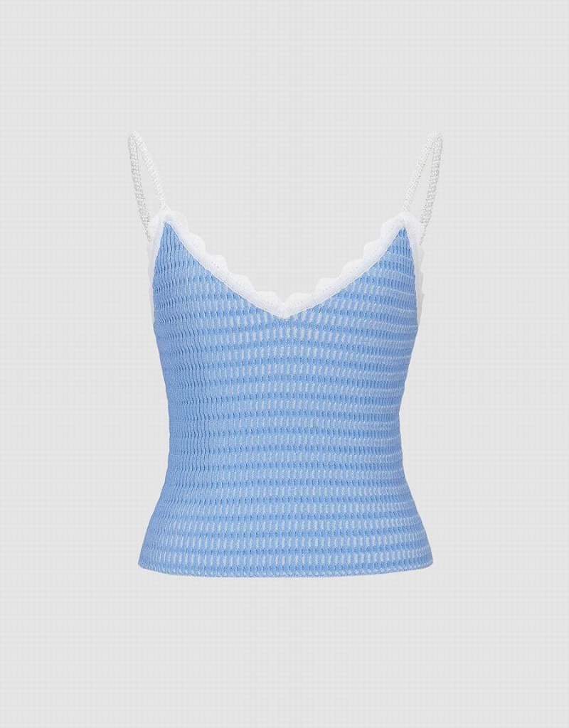 Women\'s Urban Revivo V Neck Knitted Cami Tank Top Blue | OAQ3963QP