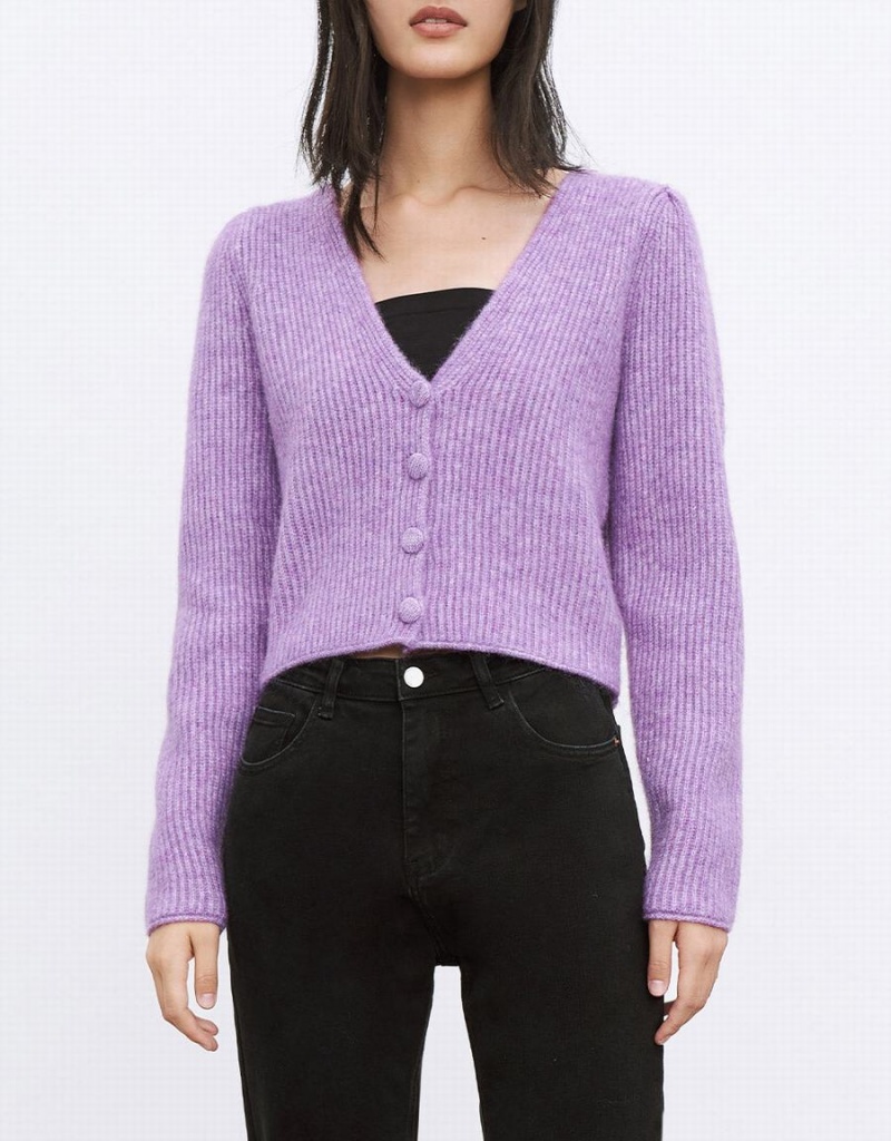 Women's Urban Revivo V Neck Rib Knit Cardigan Purple | QJK8552LL