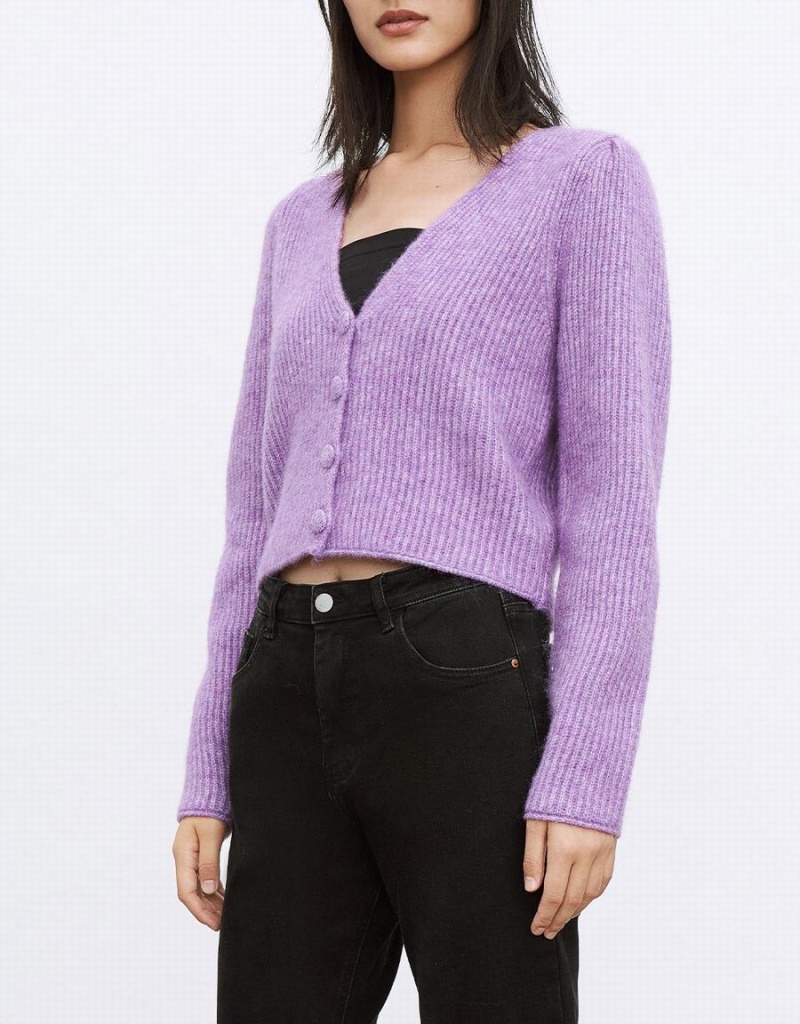 Women's Urban Revivo V Neck Rib Knit Cardigan Purple | QJK8552LL