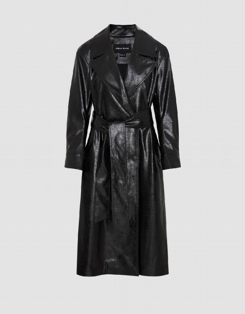 Women's Urban Revivo Vegan Leather Straight With Belt Coats Black | EMB5049UD