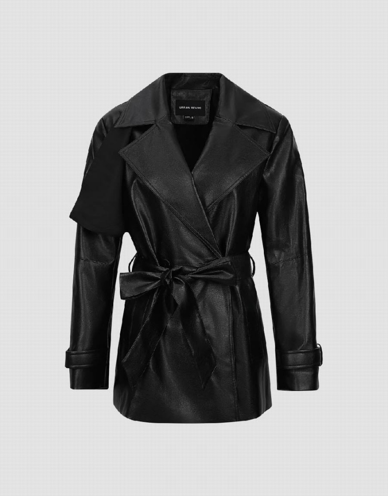 Women's Urban Revivo Vegan Leather With Belt Trench Coat Black | SHY1914KH