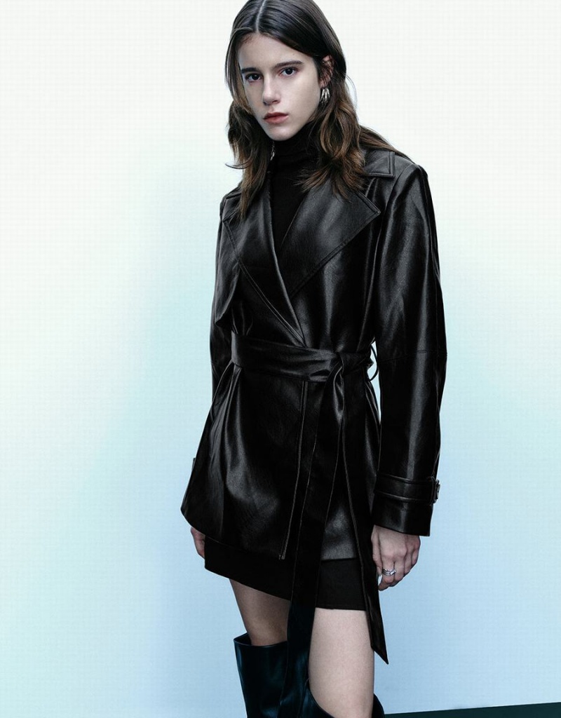 Women's Urban Revivo Vegan Leather With Belt Trench Coat Black | SHY1914KH