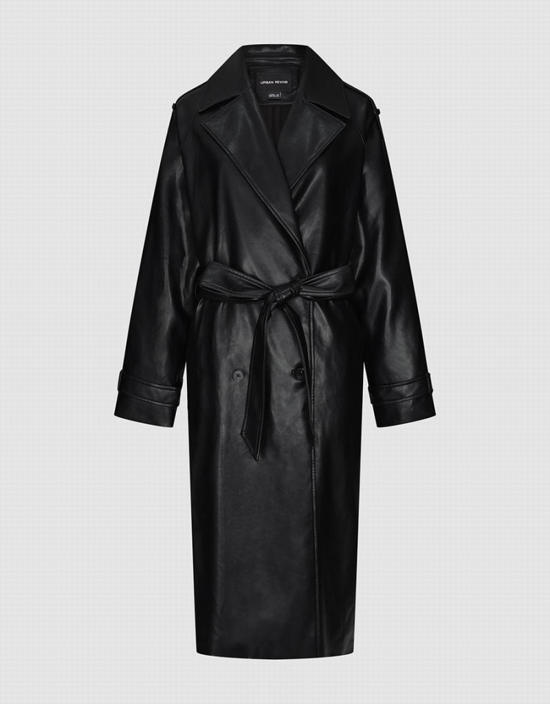 Women's Urban Revivo Vegan Leather With Belt Trench Coat Black | YEP256WX