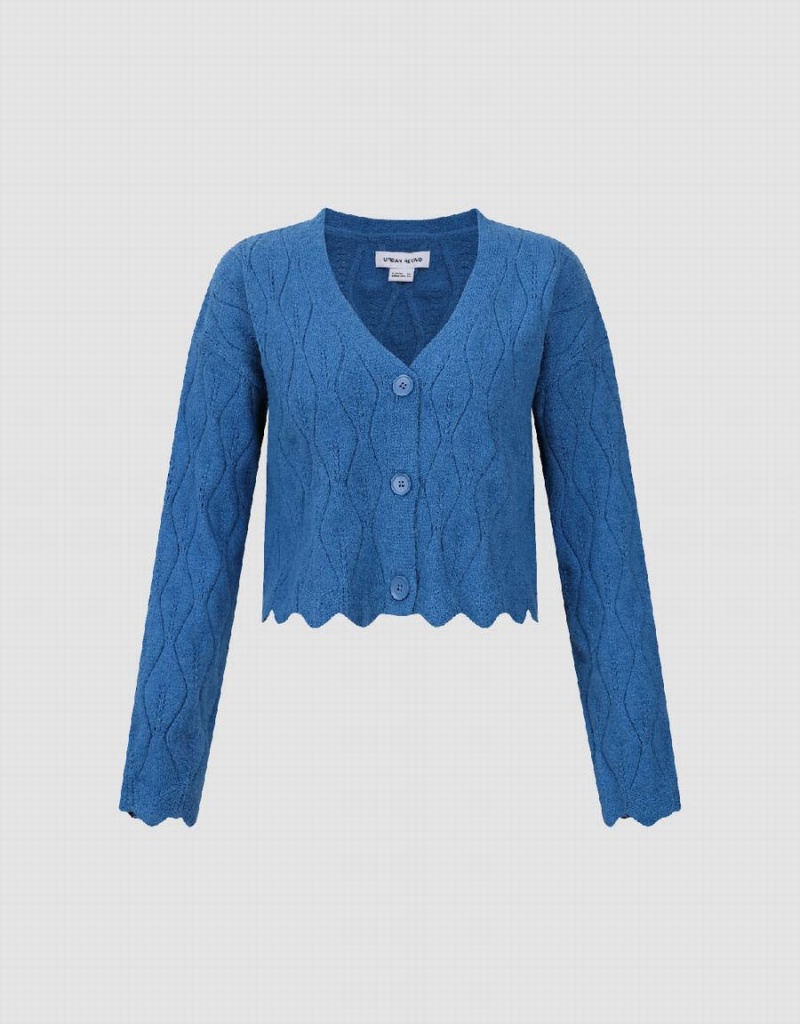 Women's Urban Revivo Wave Trim V-Neck Knitted Cardigan Blue | NGR7227IL