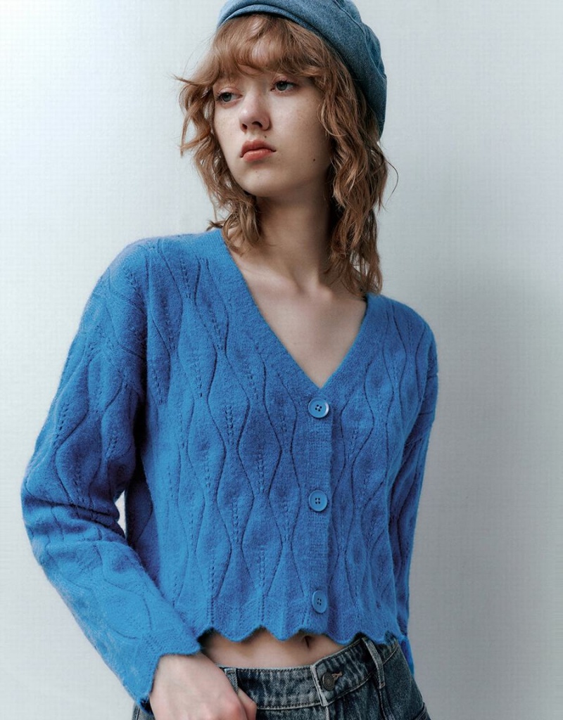 Women's Urban Revivo Wave Trim V-Neck Knitted Cardigan Blue | NGR7227IL