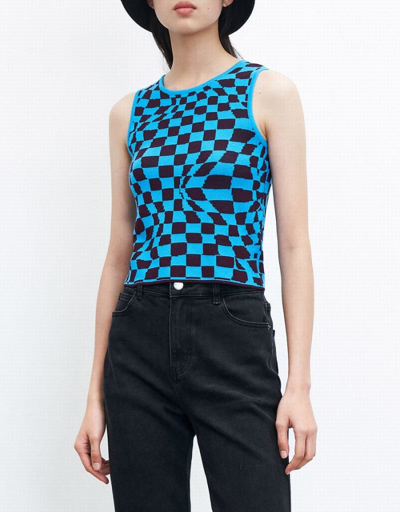 Women's Urban Revivo Wavy Checkered Knitted Tank Top Blue | KBZ6121SX