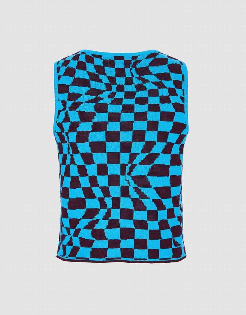 Women's Urban Revivo Wavy Checkered Knitted Tank Top Blue | KBZ6121SX