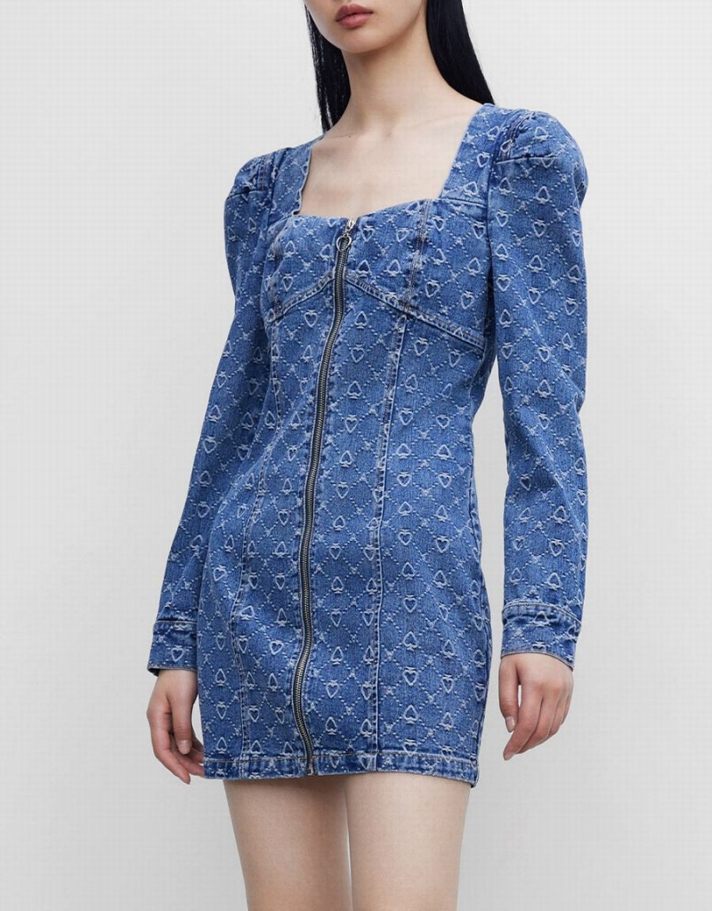 Women's Urban Revivo Zip Front Puff Sleeve Denim Dress Blue | YXT298LT