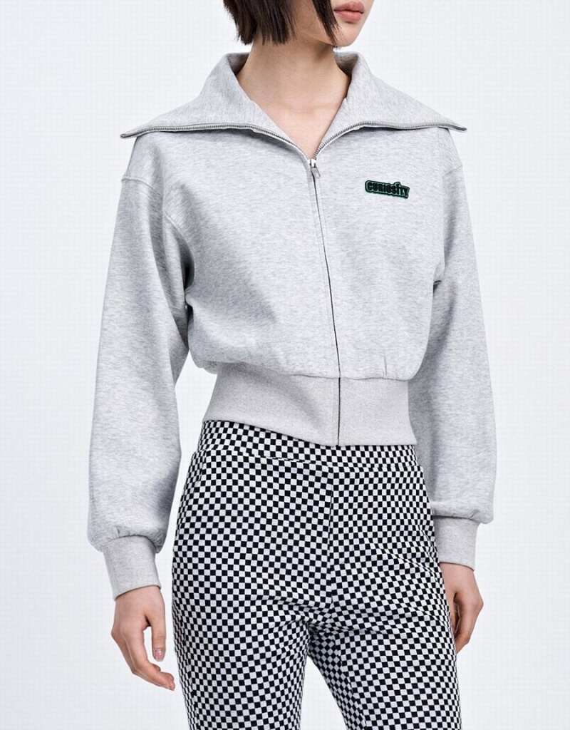 Women's Urban Revivo Zip Up Letter Detail Jackets Grey | BYJ4553QN