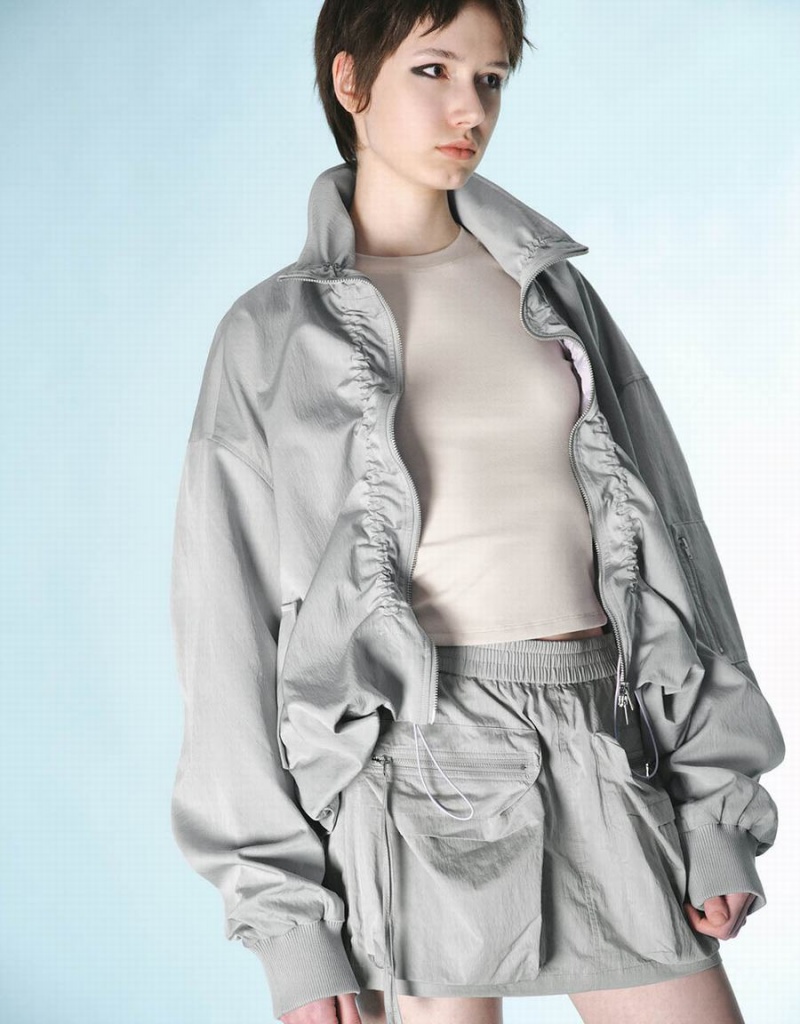 Women's Urban Revivo Zipper Front Drop Shoulder Sleeve Jackets Light Grey | KWT9359VN