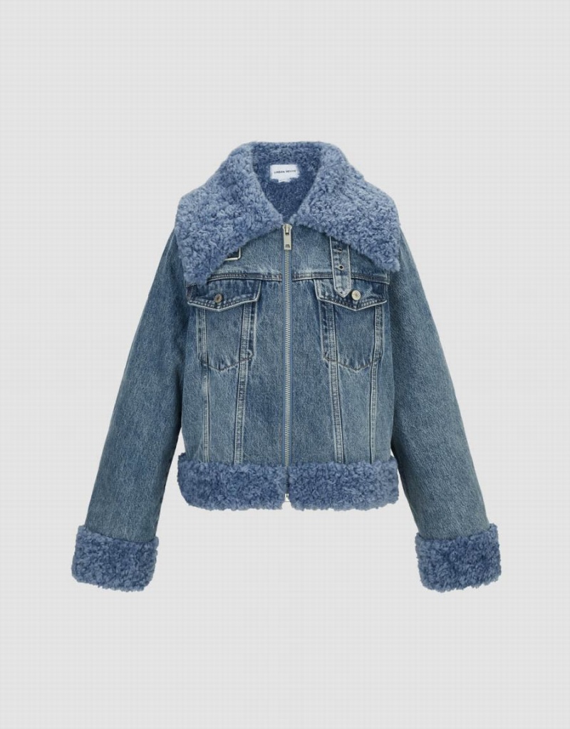 Women's Urban Revivo Zipper Front Furry Denim Jackets Blue | DGJ167HC