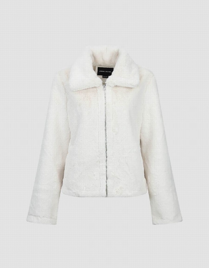 Women's Urban Revivo Zipper Front Straight Furry Coats White | ACM5984RC